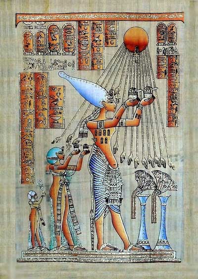 Akhenaten Sacrifices to God Aten (Sun disk) Papyrus Painting