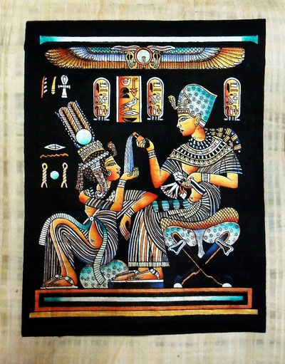 King Tut Ankh Amun pouring perfume into his wife palm Papyrus Painting -  Light Papyrus - Black Background