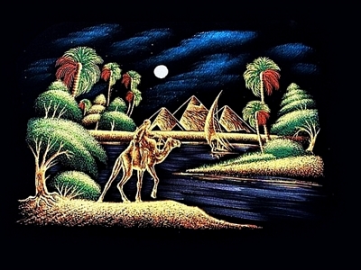 Camel on Nile River shores, Black Velvet Painting