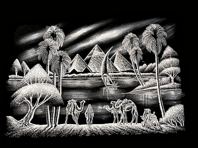 Pyramids, Palms, Camels and Nile River Black Velvet Painting
