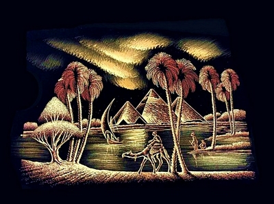 Palms and Pyramids Night, Black Velvet Painting