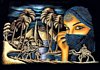 Arabian Woman, Egypt Pyramids, Camels Black Velvet Painting