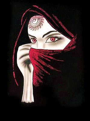 Black Velvet Painting, Arabian Woman Red Scarf