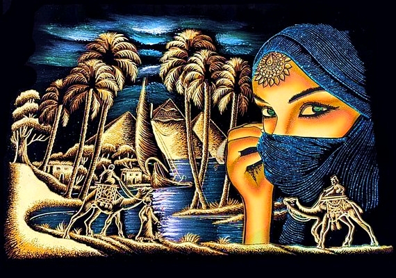 Arabian Woman, Egypt Pyramids, Camels Black Velvet Painting