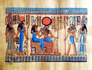 Nefertari, Isis, Ra-Horakhty & Horus Papyrus Painting 