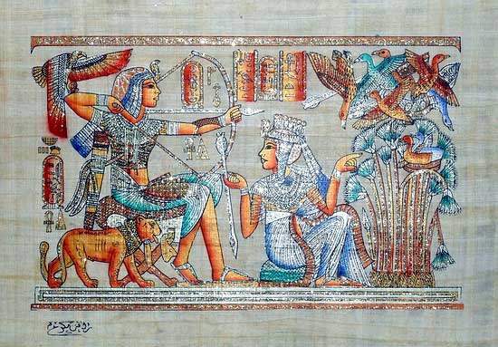 King Tut Ankh Amun hunting - Papyrus Painting - (Glitters - Spangles)