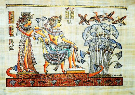 King Tut Ankh Amun & his wife on Nile River Boat  Papyrus Painting