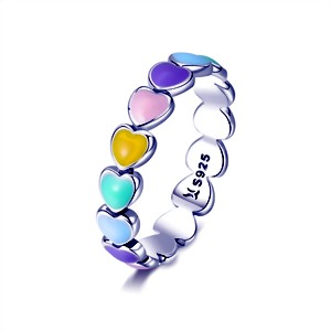 Enameled Colored Hearts Sterling 925 Silver Ring